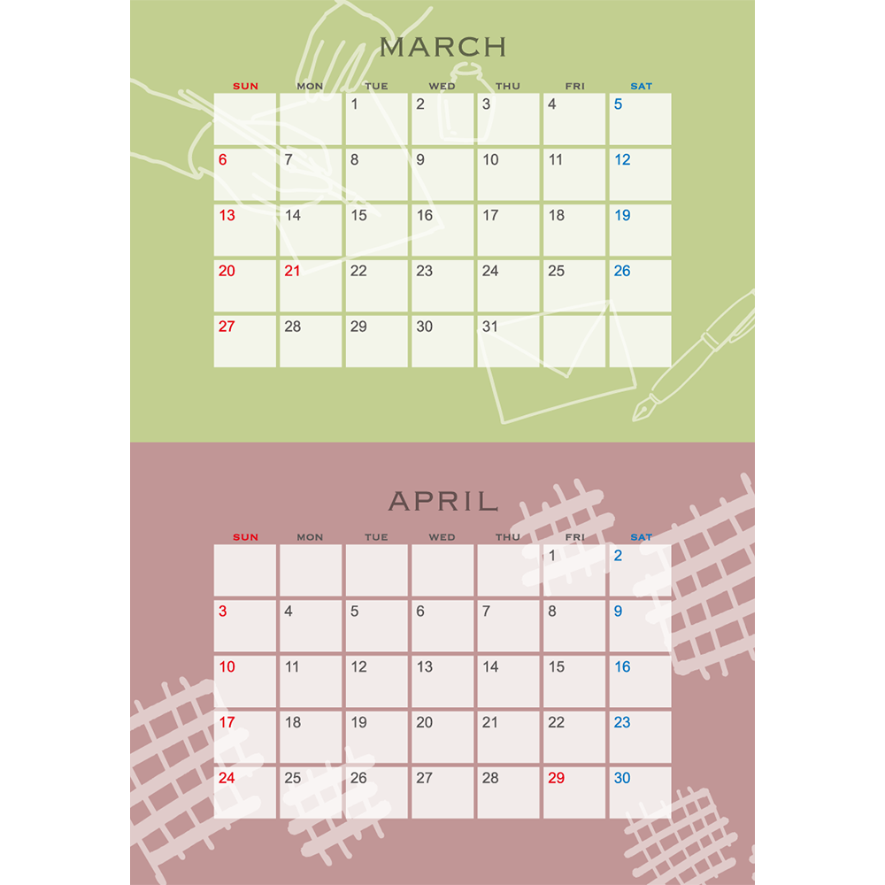 2022年カレンダー 3月/4月